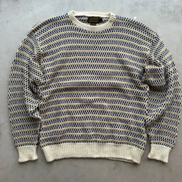 Vintage Eddie Bauer Mens L Cotton Birdseye Knit Sweater Made in USA Purple Gold