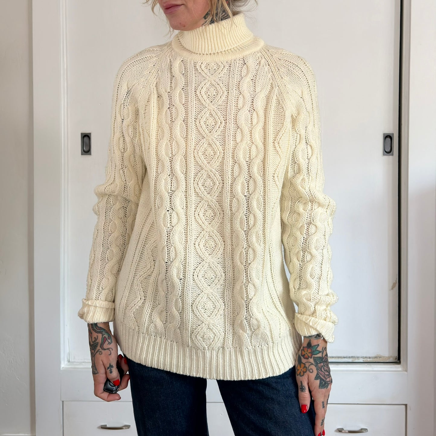 Vintage Kings Road Sears Cable Knit Turtleneck Sweater Cream Acrylic Mens M