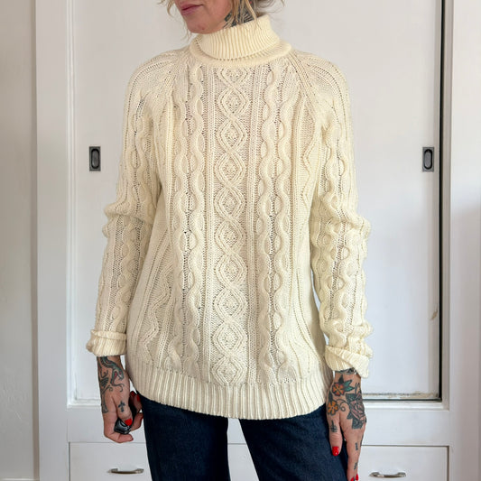 Vintage Kings Road Sears Cable Knit Turtleneck Sweater Cream Acrylic Mens M