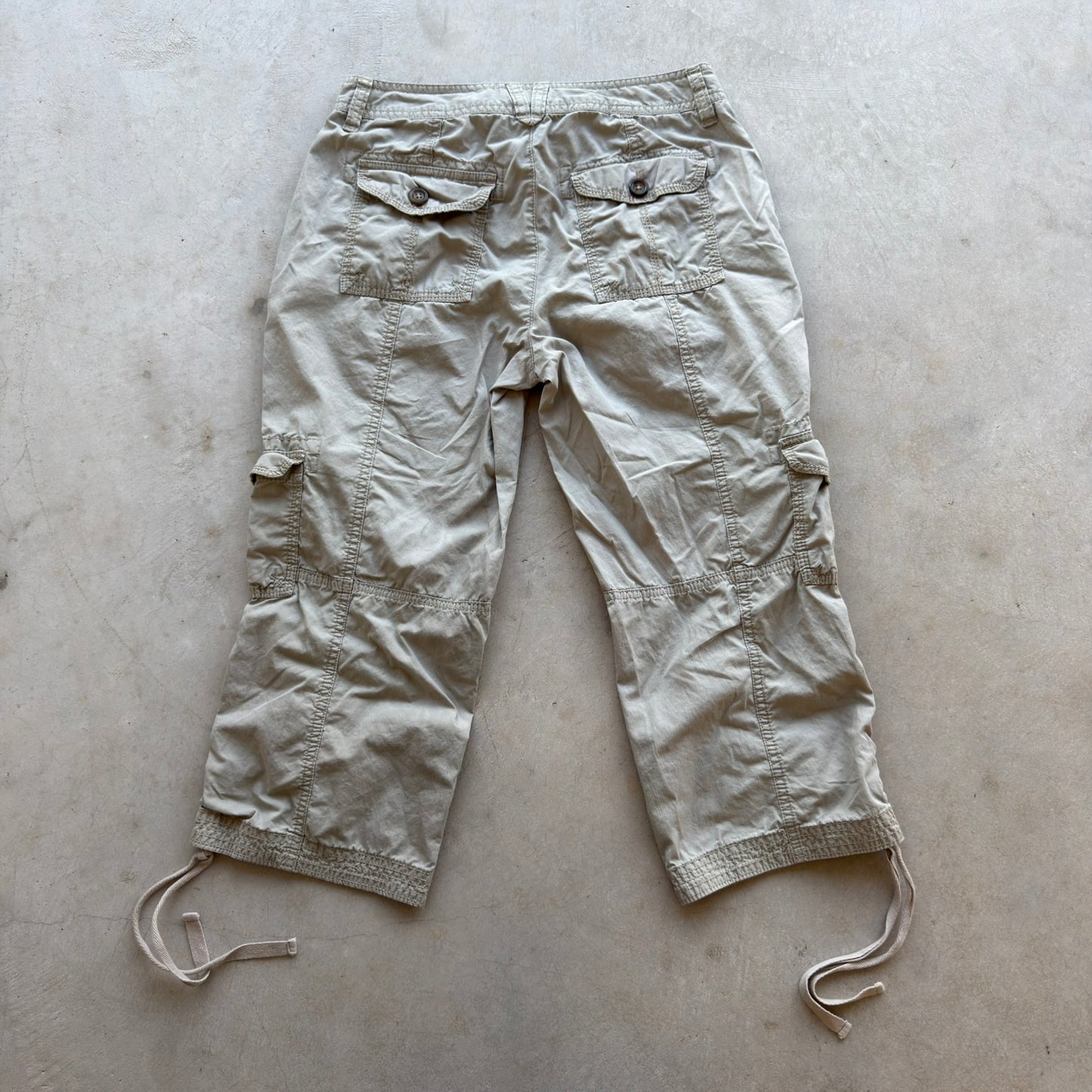 Merona Women Tan Khaki Cargo Capri Pants Size 2 Fit 1 Drawstring Utility Crop
