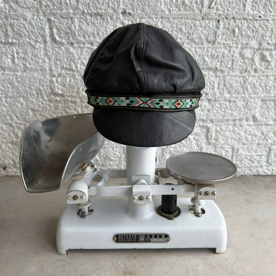 Harley Davidson Black Leather Biker Newsboy Cap Beaded Band Chin Strap Vintage