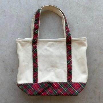 Lands End Canvas Tote Bag Cream Red Plaid Tartan Holiday Medium Open Top