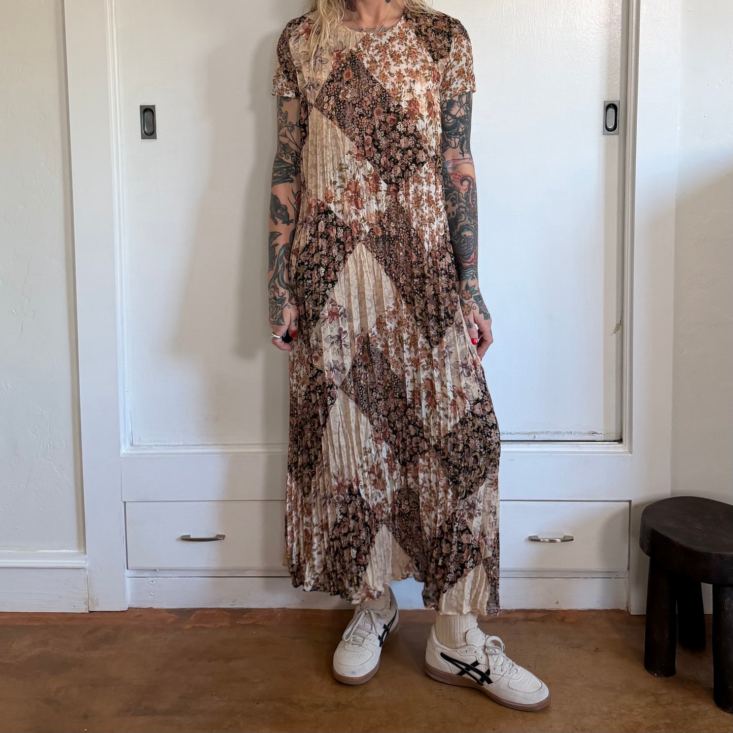 Vintage Danielle Haven Patchwork Floral Plisse Maxi Dress