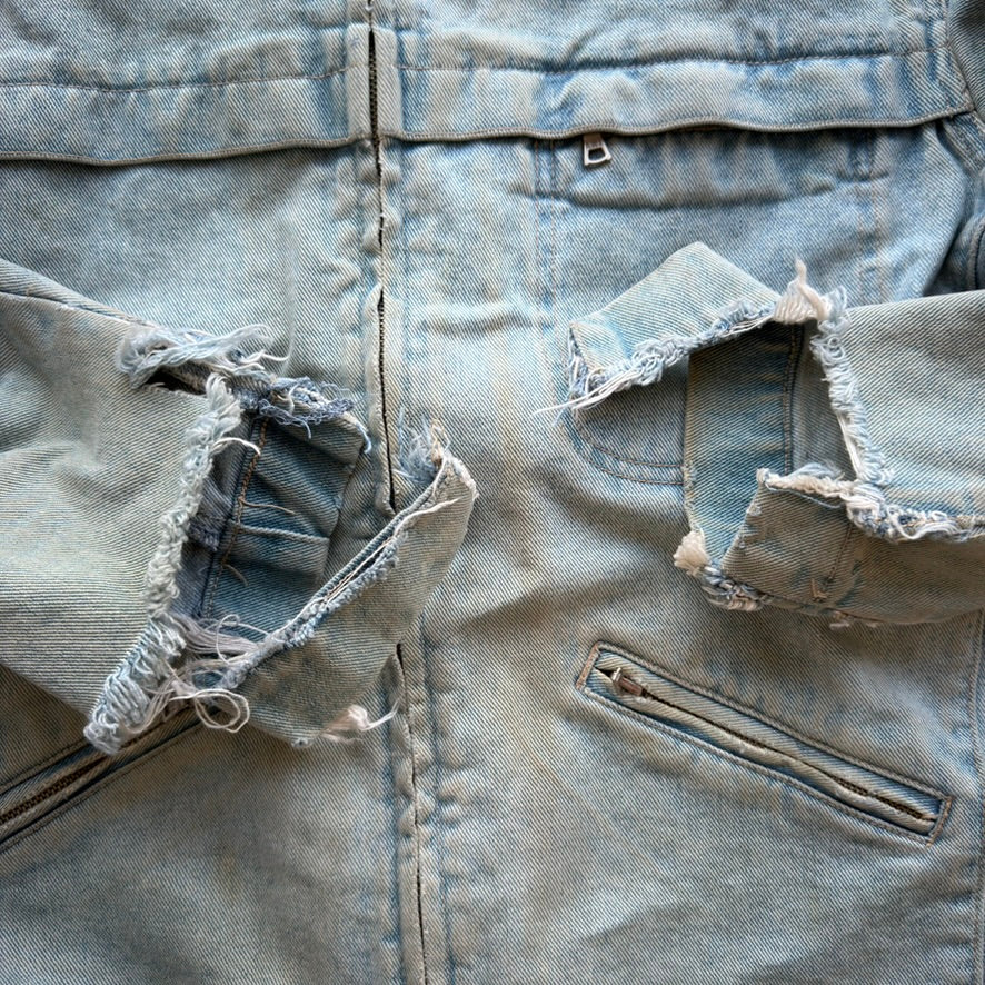 Vintage Distressed Denim Zip Up Jacket Light Wash Workwear Trucker Mens L/XL