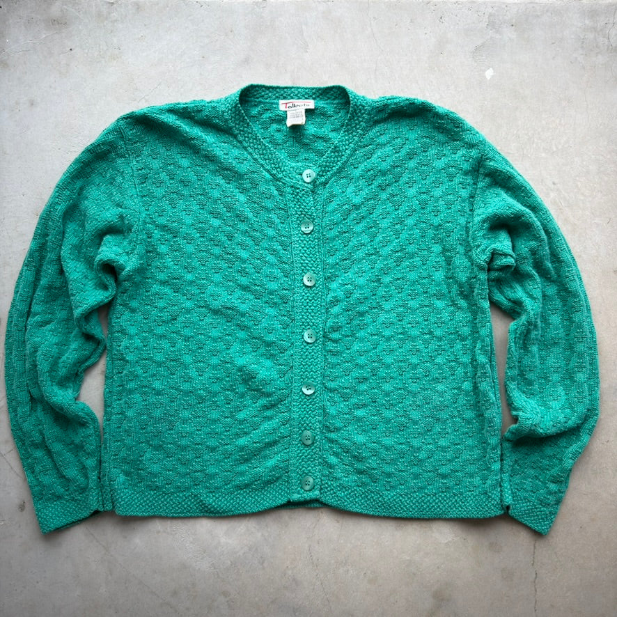 Talbots Vintage Green Cotton Knit Cardigan Sweater Made in USA Womens Large