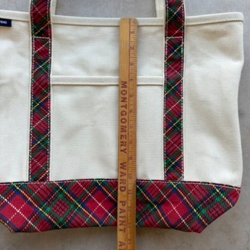 Lands End Canvas Tote Bag Cream Red Plaid Tartan Holiday Medium Open Top