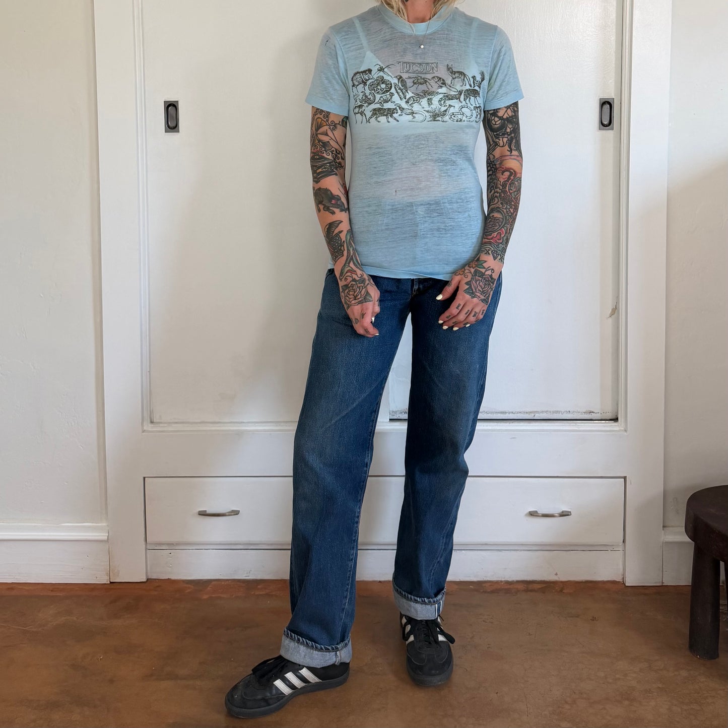 Vintage 1970s Tucson Arizona Desert Wildlife Light Blue Paper Thin Tee