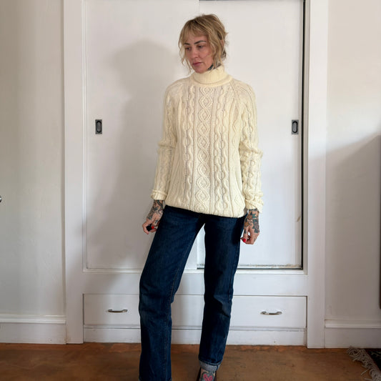 Vintage Kings Road Sears Cable Knit Turtleneck Sweater Cream Acrylic Mens M
