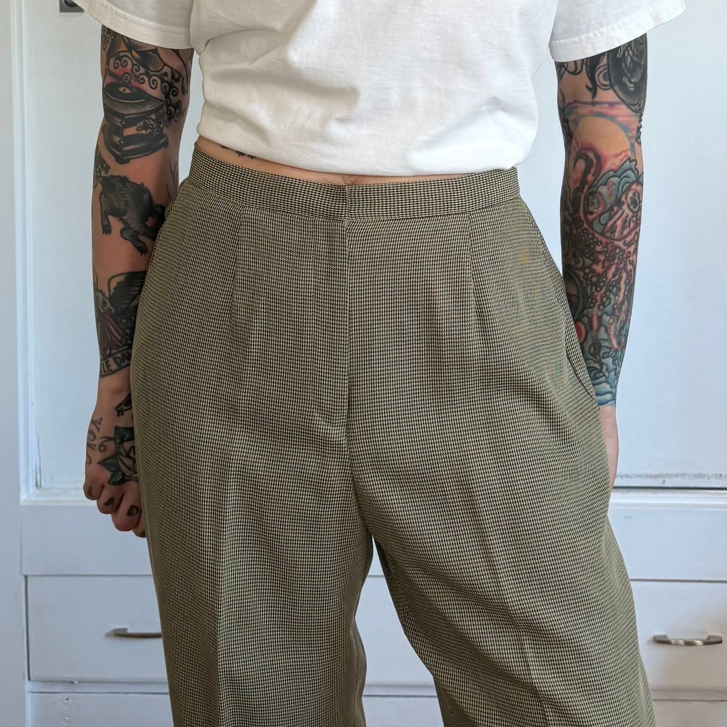 Vintage Norton Petite Olive Tan Micro Check High Waist Trousers