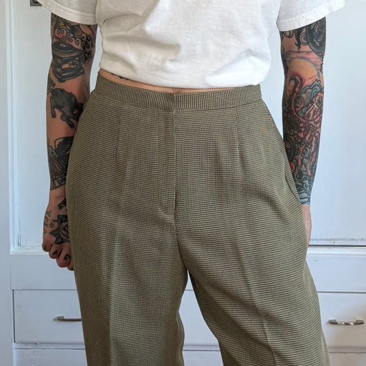 Vintage Norton Petite Olive Tan Micro Check High Waist Trousers