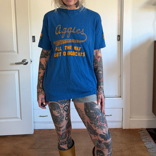 Vintage 1970s Belton blue combed cotton sports shirt with Aggies team