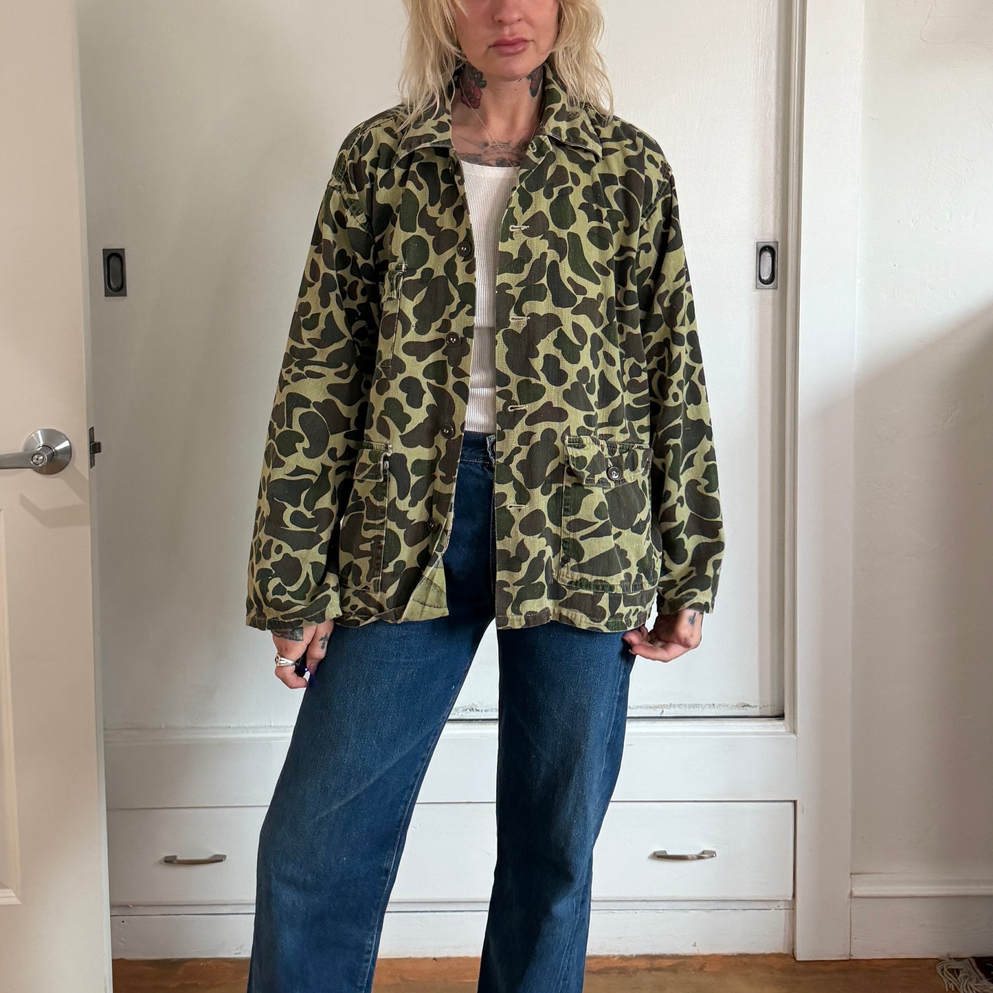 Vintage 1970s frog skin camo button up shirt jacket