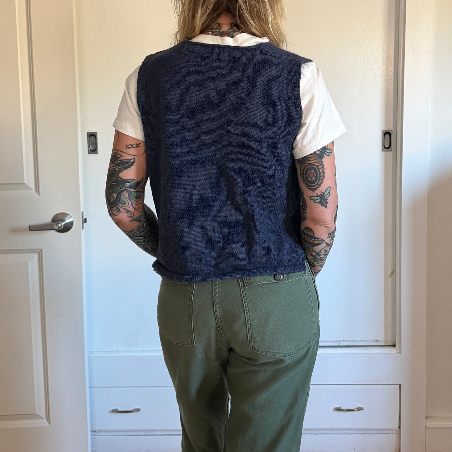 Vintage 1990s Segue knit navy blue button down vest