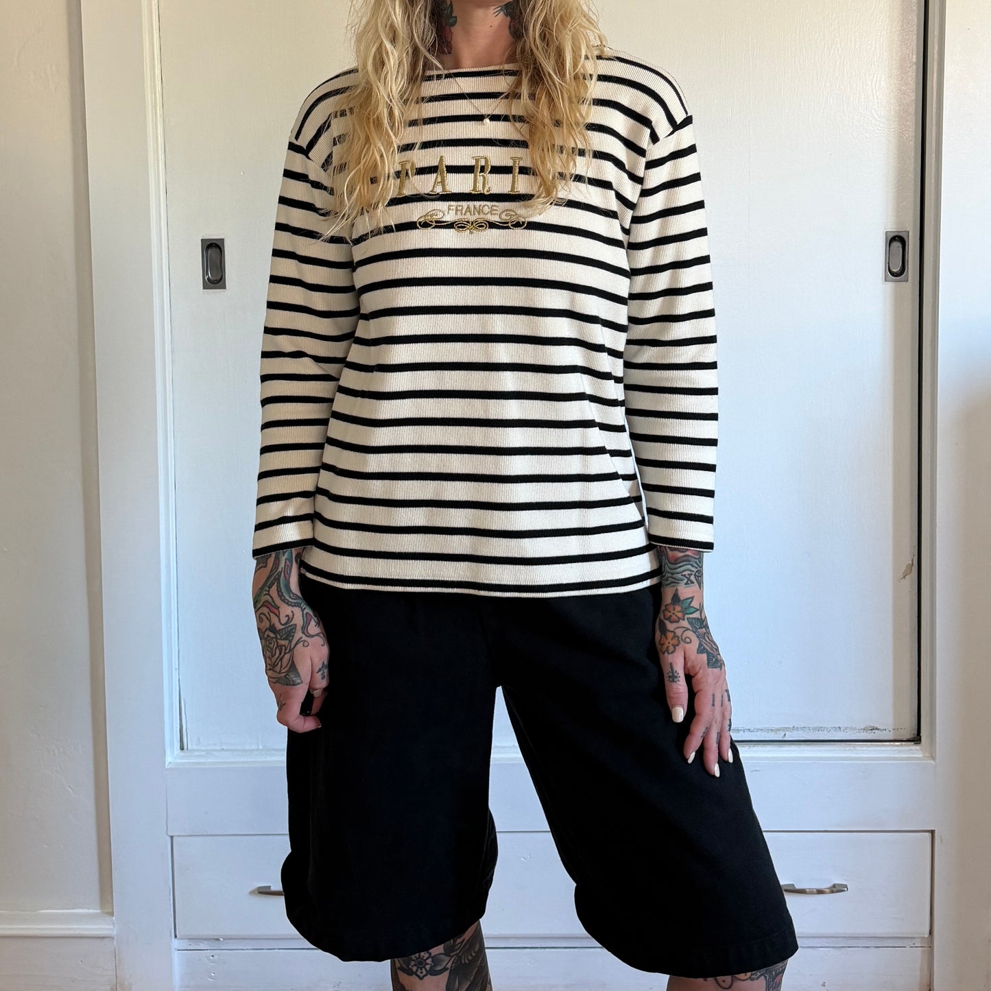 Vintage 1990s Paris France Embroidered Striped Boat Neck Top