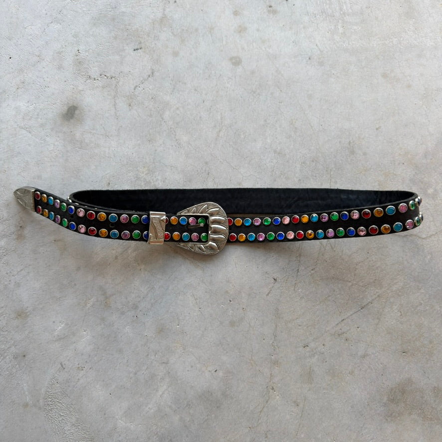 Western Black Leather Belt Multi Color Rhinestone Silver Engraved Buckle Fits 28-32in