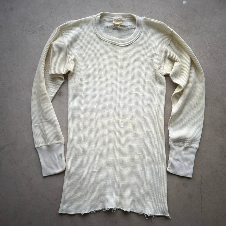 Vintage Montgomery Ward Thermal Shirt Waffle Knit Distressed Cream Large 42-44