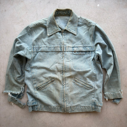 Vintage Distressed Denim Zip Up Jacket Light Wash Workwear Trucker Mens L/XL