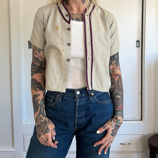 Vintage 1950s Baseball Jersey Thick Cotton with Blue and Red detail