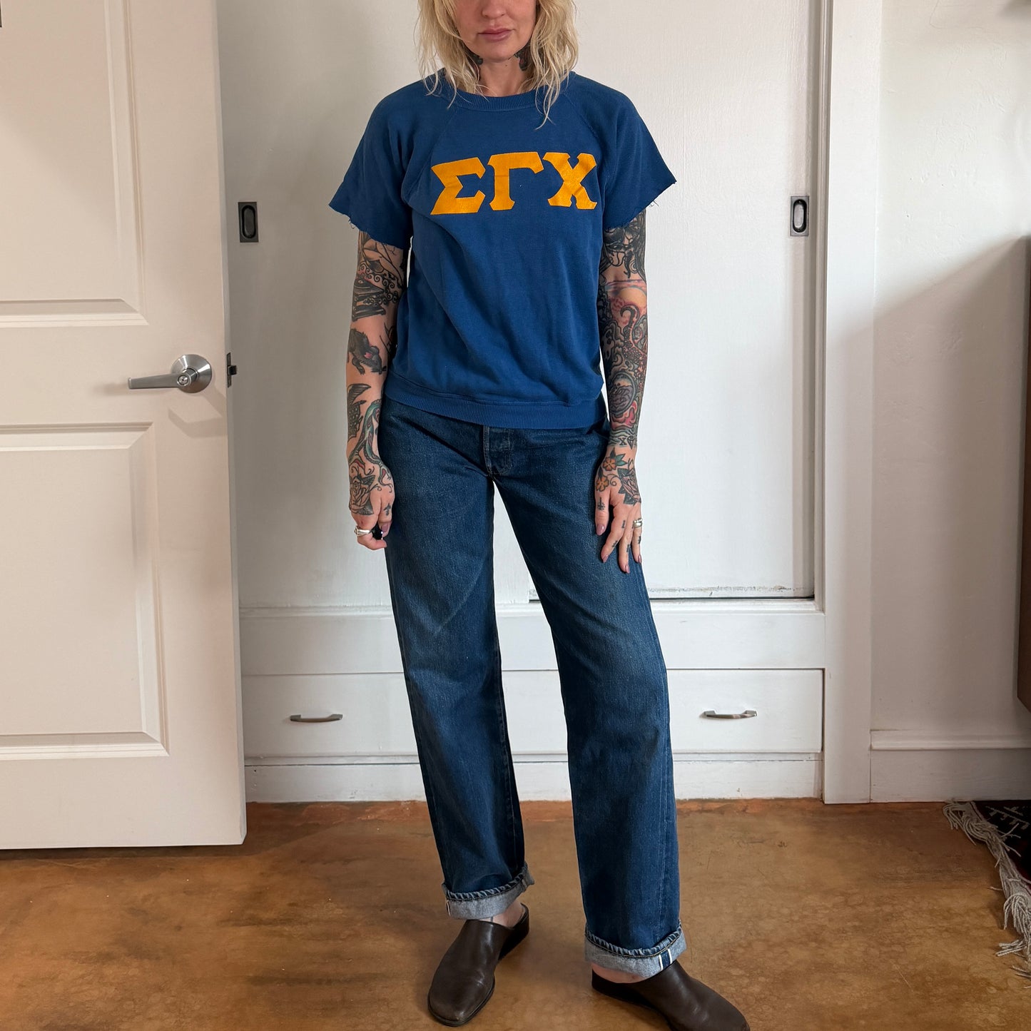 Vintage 1970s Sigma Gamma Chi Fraternity blue cut off sweatshirt