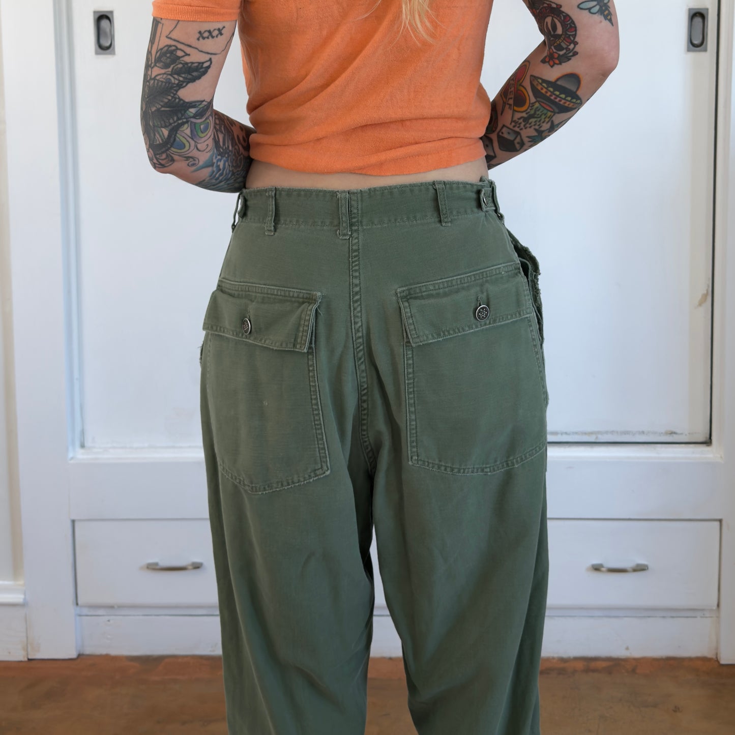 Vintage 1950s 13 Star OG 107 Fatigues Adjustable Waist Military Pants Green