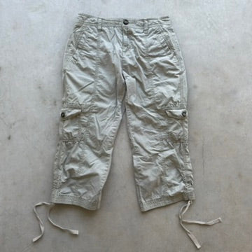 Merona Women Tan Khaki Cargo Capri Pants Size 2 Fit 1 Drawstring Utility Crop