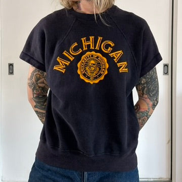 Vintage 60s Champion Running Man Michigan Sweatshirt Short Sleeve Navy Medium