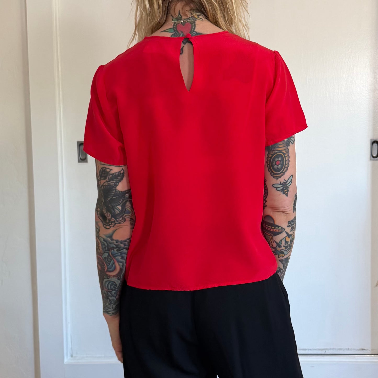 Vintage Red Silk Short Sleeve Blouse