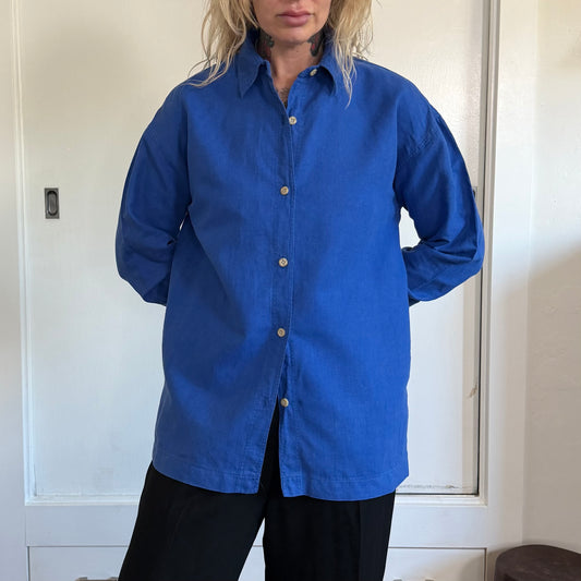 Vintage Harve Bernard Petite Cobalt Linen Cotton Button Down