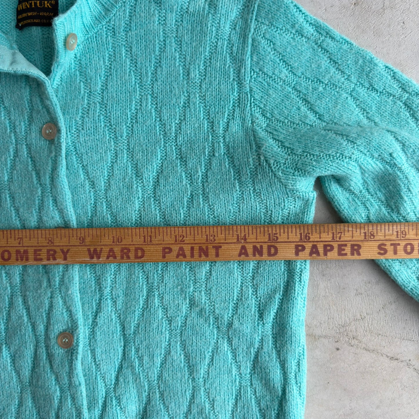 Vintage Sears Wintuk Aqua Blue Diamond Knit Cardigan Sweater Orlon Acrylic Women Small