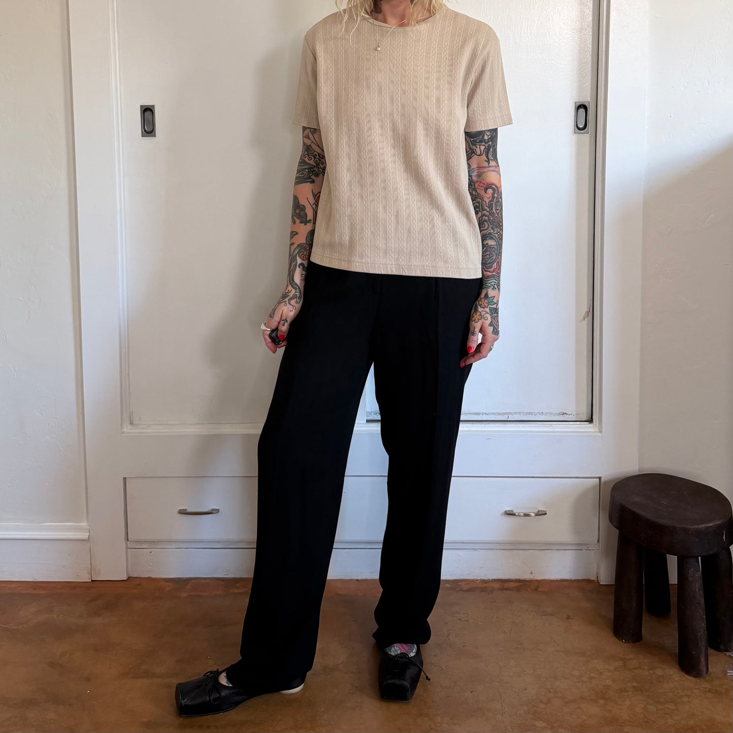 Vintage Basic Editions Beige Cable Knit Textured Short Sleeve Shirt