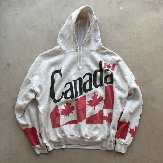 Vintage Canada Flag Graphic Hoodie Ash Grey XL 50/50 Souvenir Sweatshirt