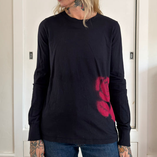 Vintage Lucky Brand Y2K Rose Graphic Long Sleeve Tee Black Cotton XL USA Made