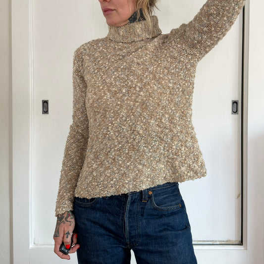 Vintage Talbots Wool Blend Popcorn Knit Turtleneck Sweater Beige Tan XS