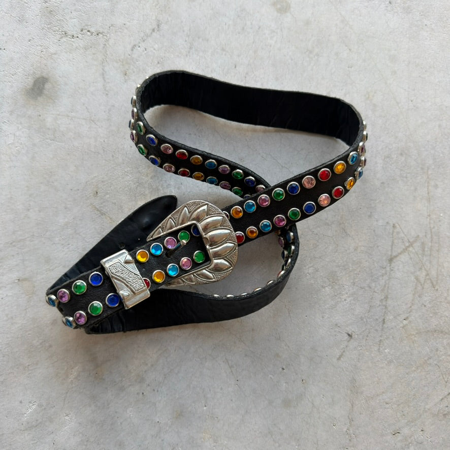 Western Black Leather Belt Multi Color Rhinestone Silver Engraved Buckle Fits 28-32in