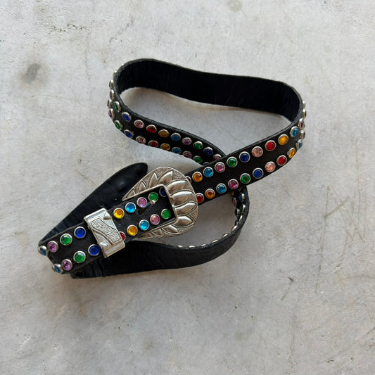 Western Black Leather Belt Multi Color Rhinestone Silver Engraved Buckle Fits 28-32in