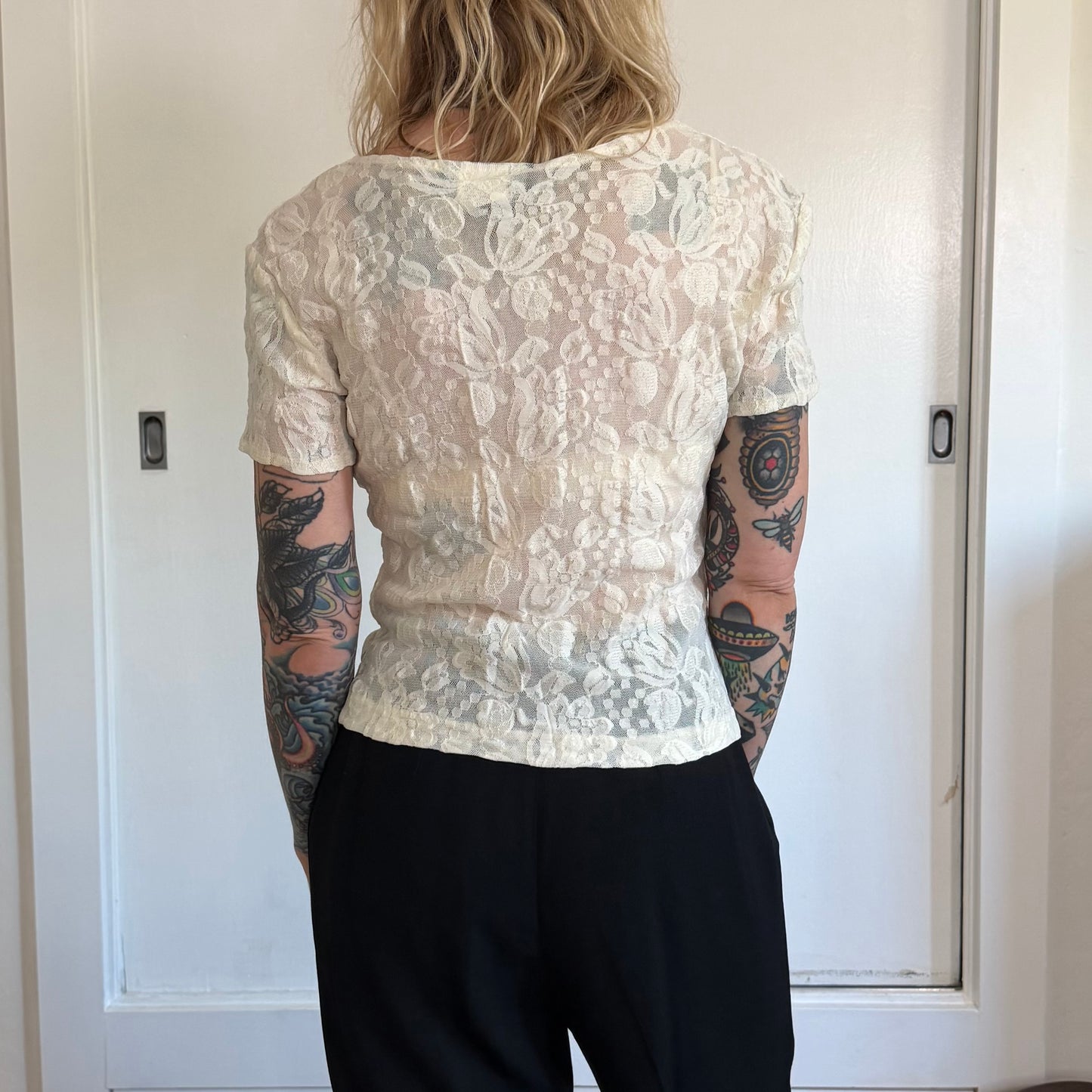Vintage All That Jazz Cream Floral Lace Short Sleeve Top