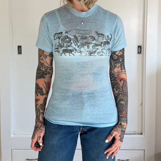 Vintage 1970s Tucson Arizona Desert Wildlife Light Blue Paper Thin Tee