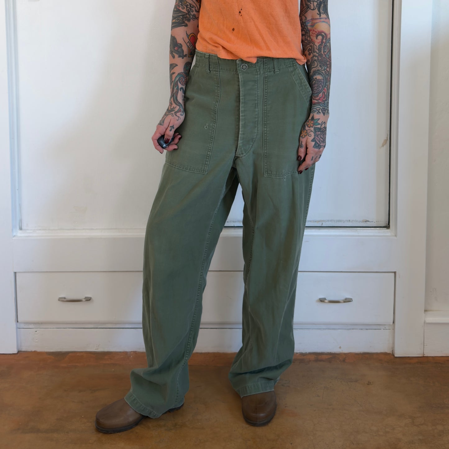 Vintage 1950s 13 Star OG 107 Fatigues Adjustable Waist Military Pants Green