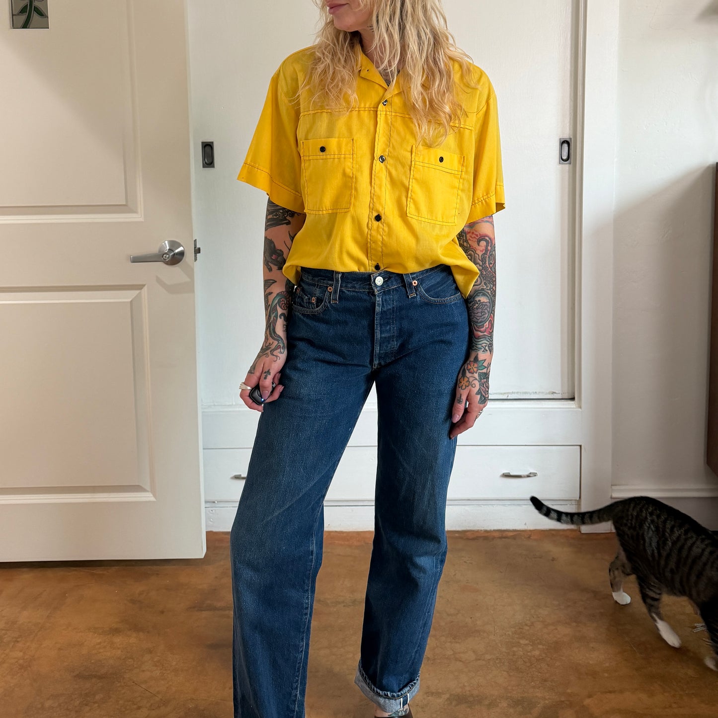 Vintage 1970s Hilton yellow button up bowling shirt