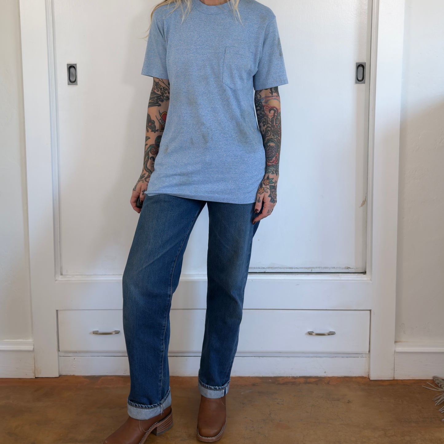 Vintage JCPenney Mens Large Blue Heathered Pocket T-Shirt