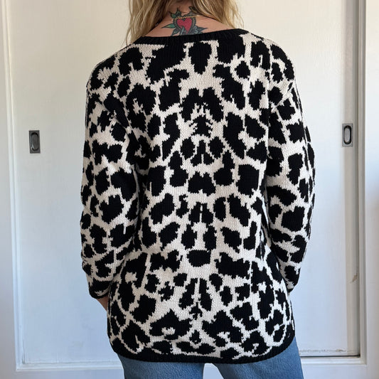 Vintage 1990s Leopard Print Crewneck Sweater Black White Knit Top Womens