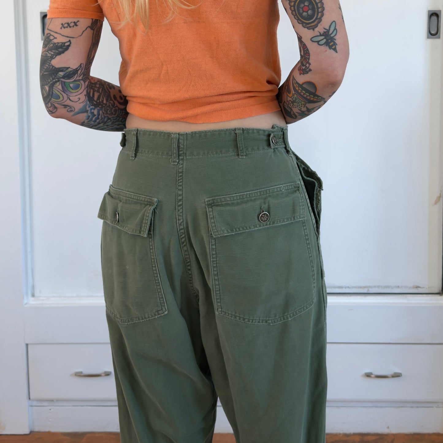 Vintage 1950s 13 Star OG 107 Fatigues Adjustable Waist Military Pants Green