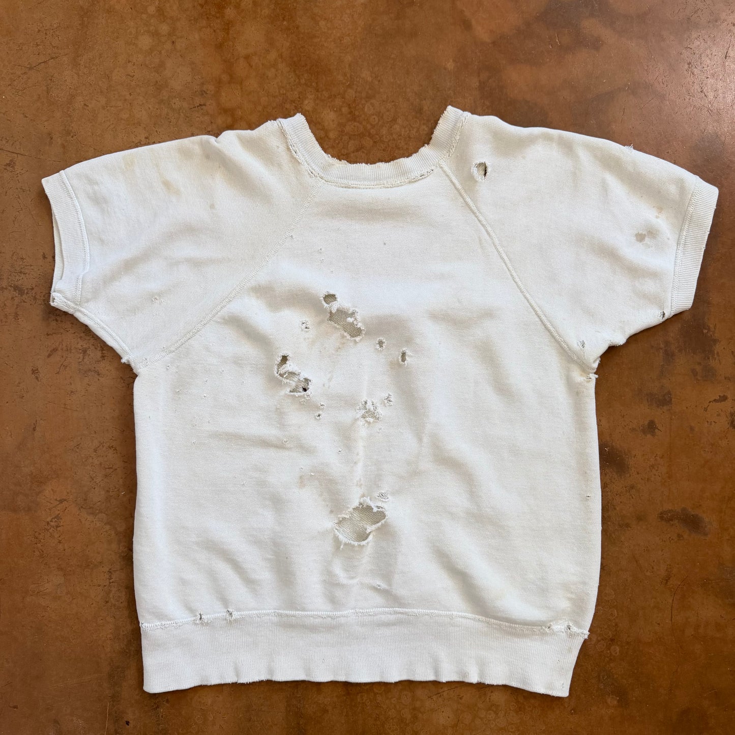 Vintage 1950s Cotton Short Sleeve Sweatshirt Distressed White Raglan Crewneck
