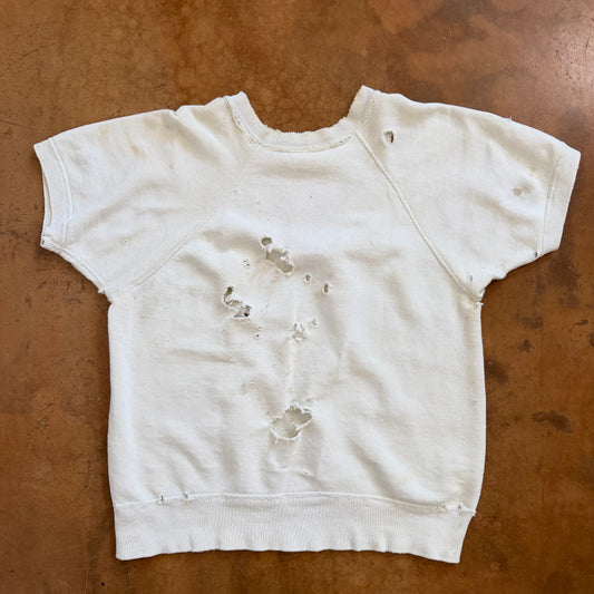 Vintage 1950s Cotton Short Sleeve Sweatshirt Distressed White Raglan Crewneck