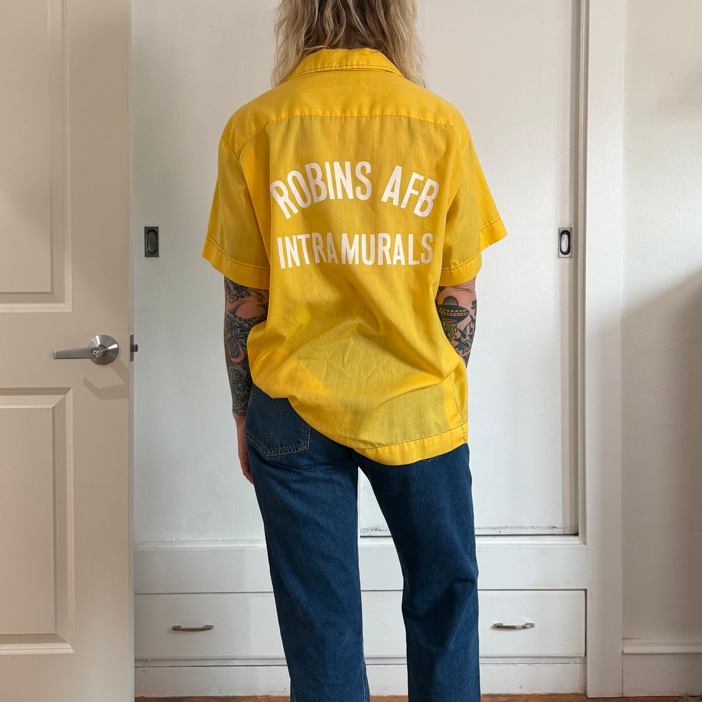 Vintage 1970s Hilton yellow button up bowling shirt