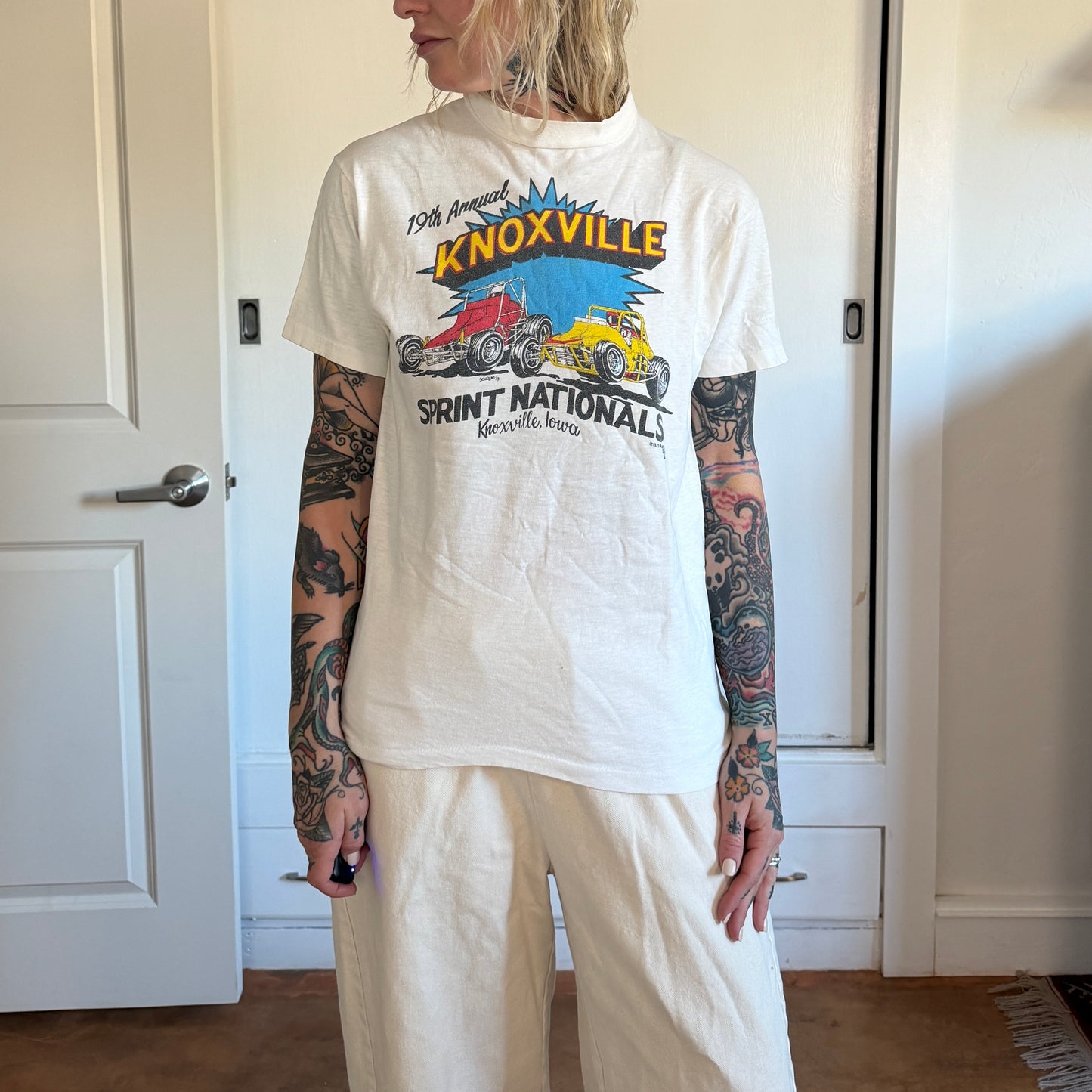 Vintage 1970s Knoxville Iowa Sprint Nationals sprint car racing off white t-shirt