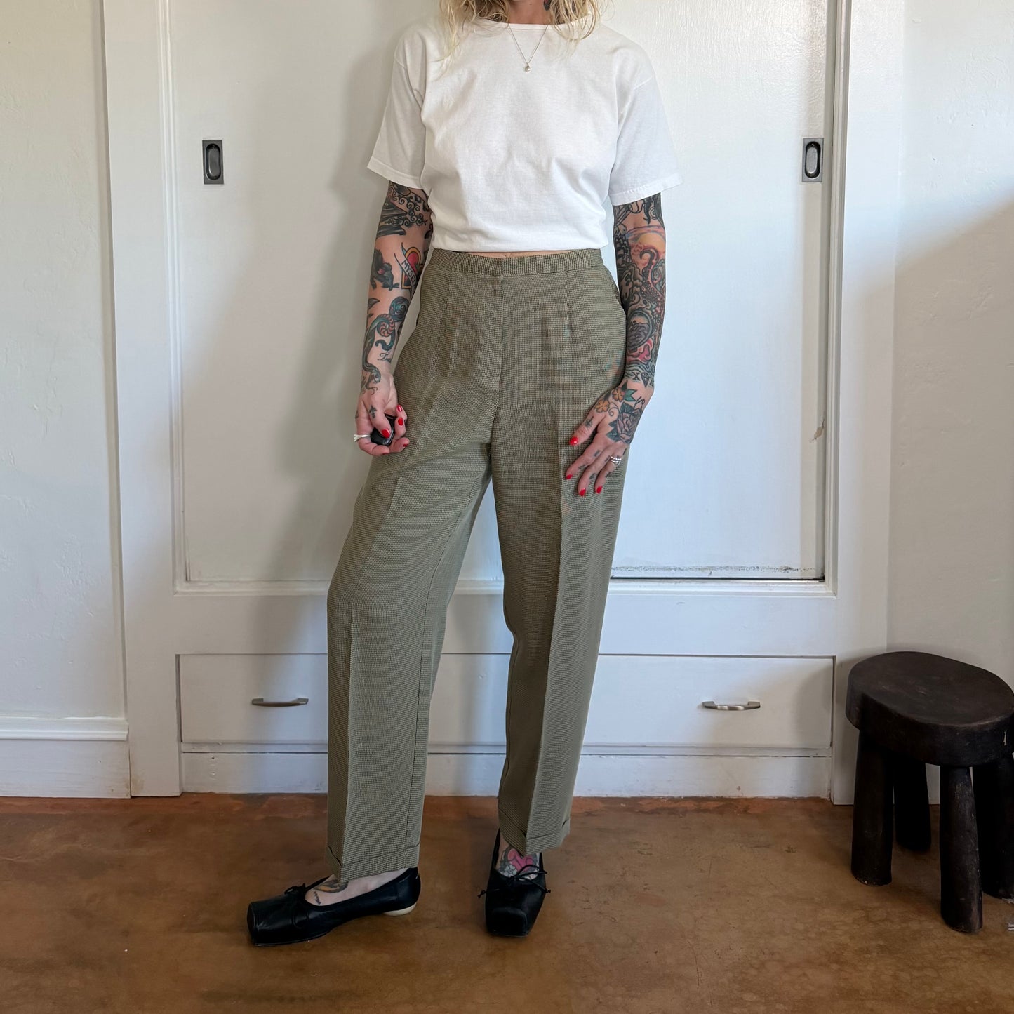 Vintage Norton Petite Olive Tan Micro Check High Waist Trousers