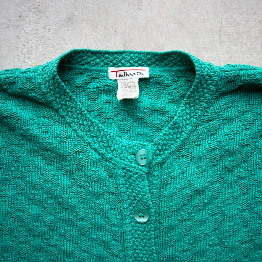 Talbots Vintage Green Cotton Knit Cardigan Sweater Made in USA Womens Large