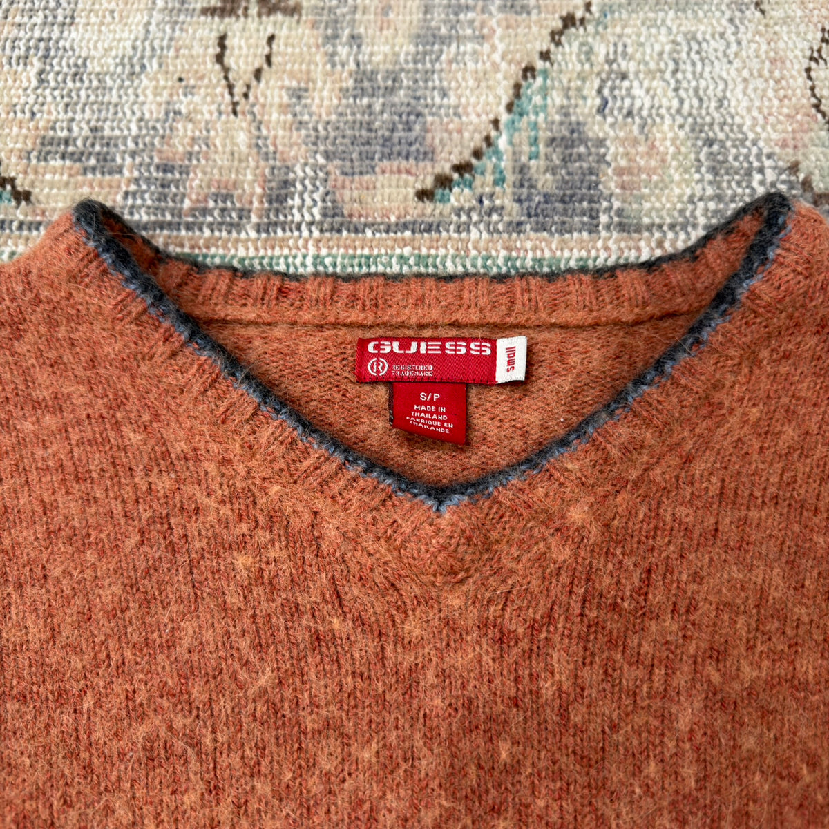 Vintage Guess V-Neck Sweater Burnt Orange Alpaca Wool Blend Y2K Small
