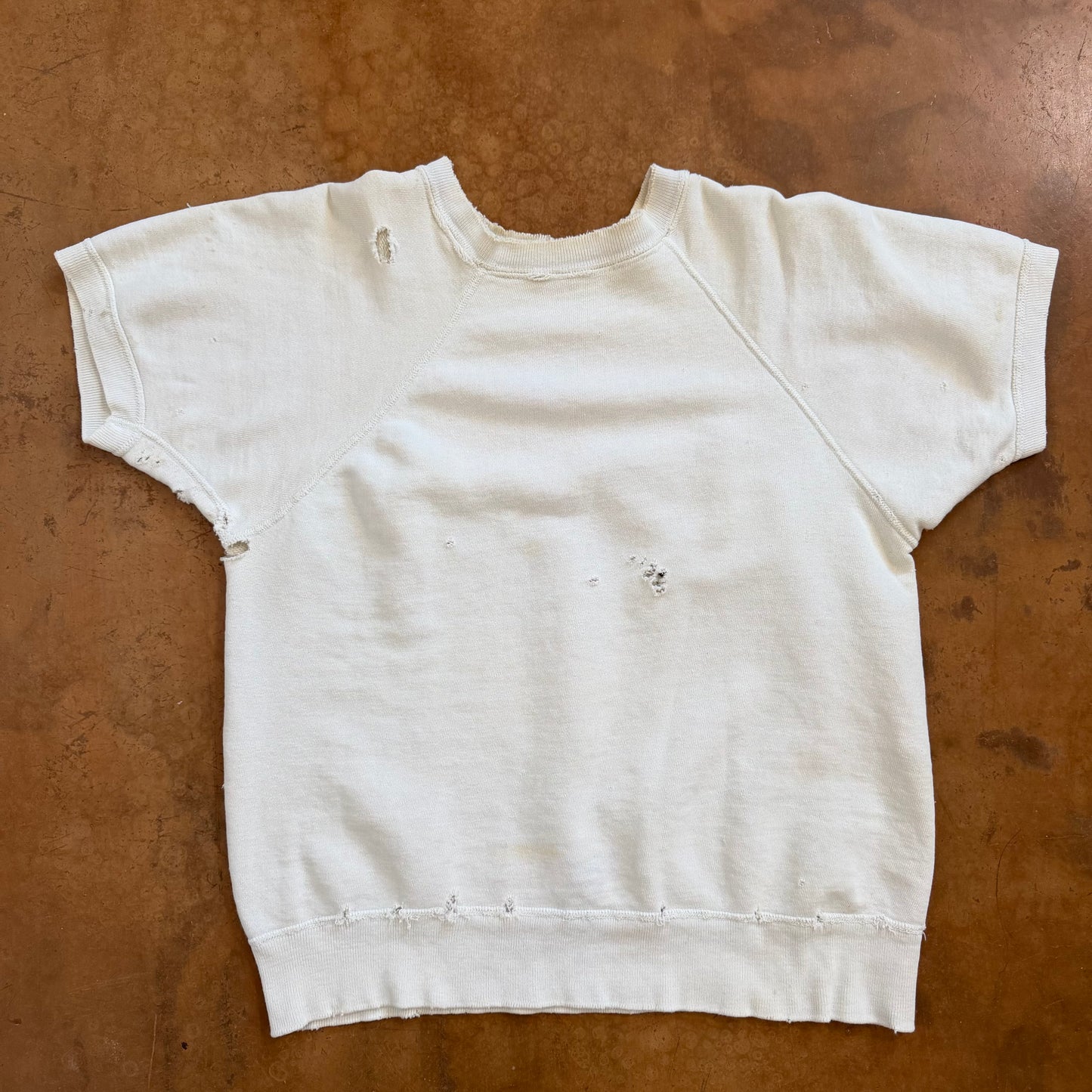 Vintage 1950s Cotton Short Sleeve Sweatshirt Distressed White Raglan Crewneck